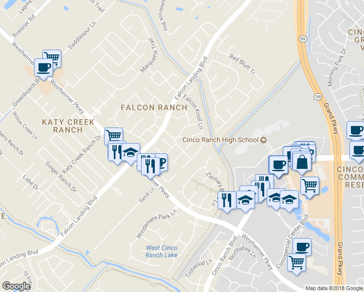 map of restaurants, bars, coffee shops, grocery stores, and more near 2750 Round Hill Court in Katy