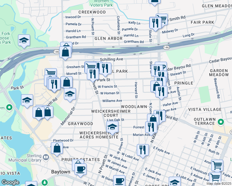 map of restaurants, bars, coffee shops, grocery stores, and more near 402 West Homan Avenue in Baytown