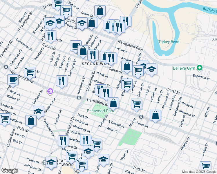 map of restaurants, bars, coffee shops, grocery stores, and more near 202 Bryan Street in Houston