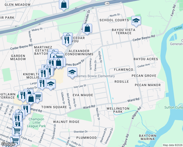 map of restaurants, bars, coffee shops, grocery stores, and more near 2107 French Place in Baytown