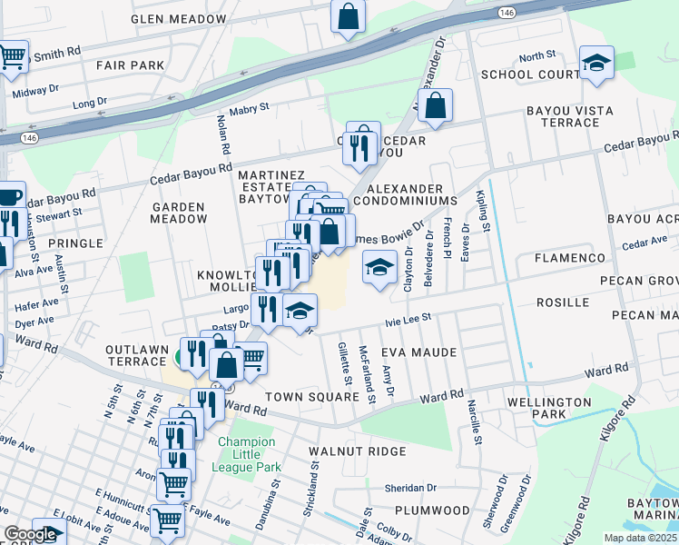 map of restaurants, bars, coffee shops, grocery stores, and more near 2108 North Alexander Drive in Baytown