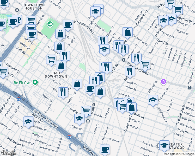 map of restaurants, bars, coffee shops, grocery stores, and more near 3321 McKinney Street in Houston