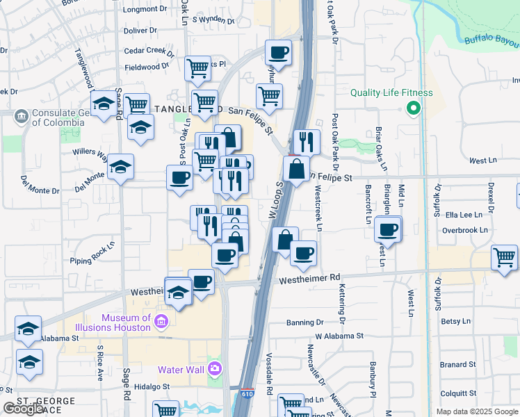 map of restaurants, bars, coffee shops, grocery stores, and more near 2200 S Loop West in Houston