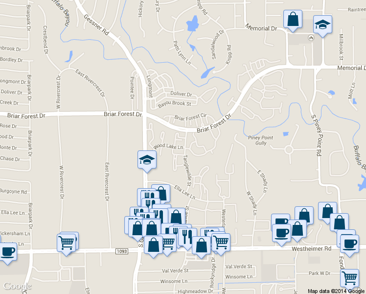 map of restaurants, bars, coffee shops, grocery stores, and more near 2100 Tanglewilde Avenue in Houston