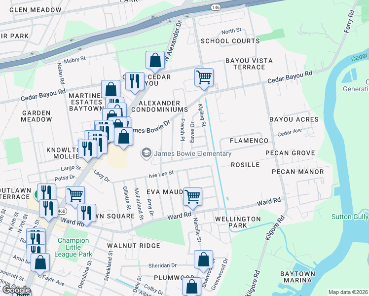 map of restaurants, bars, coffee shops, grocery stores, and more near 2107 French Place in Baytown