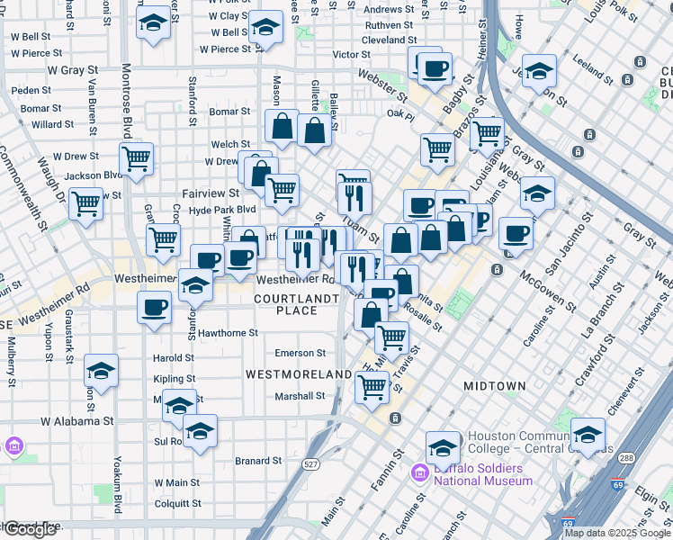 map of restaurants, bars, coffee shops, grocery stores, and more near 106 Westheimer Road in Houston