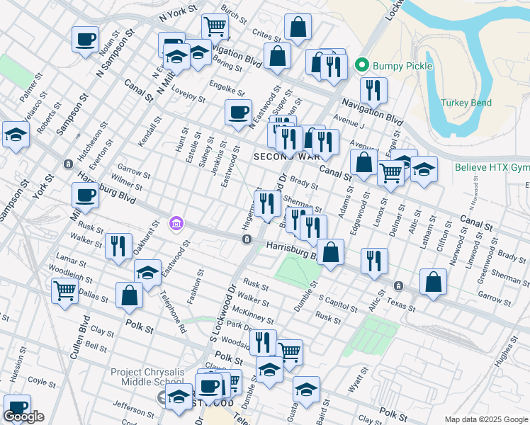 map of restaurants, bars, coffee shops, grocery stores, and more near 220 Lockwood Drive in Houston