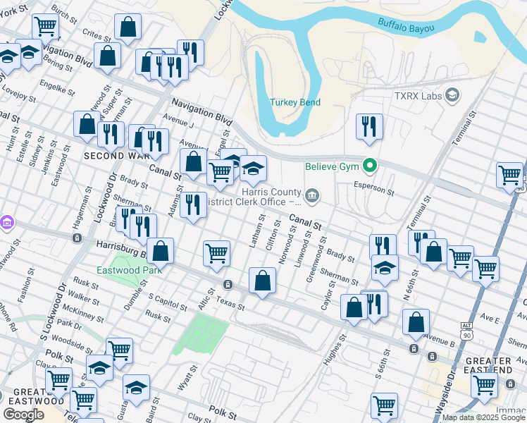 map of restaurants, bars, coffee shops, grocery stores, and more near 5602 Canal Street in Houston