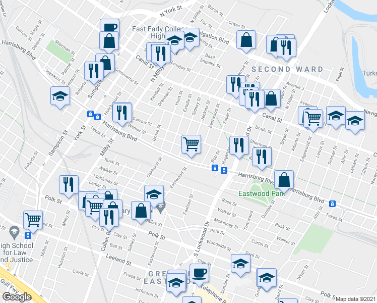 map of restaurants, bars, coffee shops, grocery stores, and more near 4306 Wilmer Street in Houston