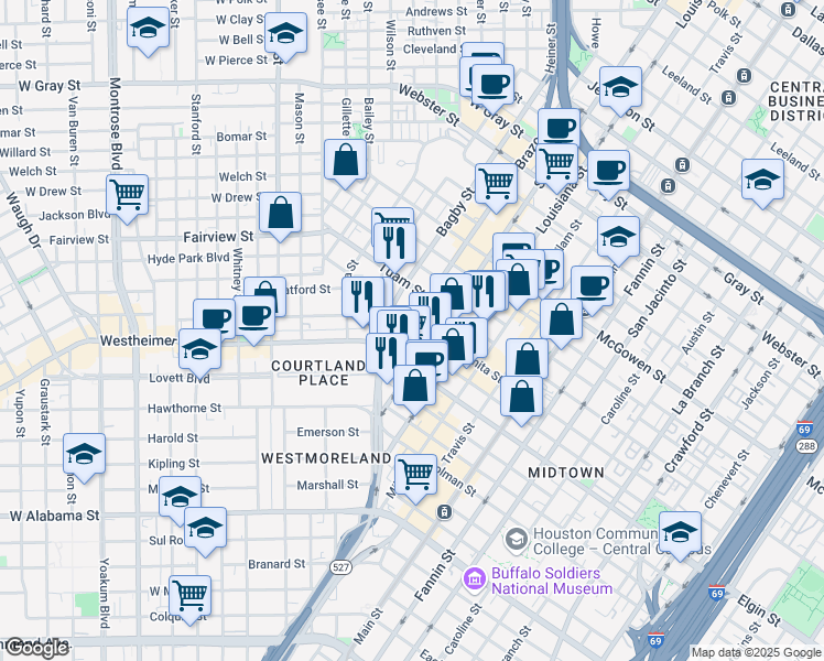 map of restaurants, bars, coffee shops, grocery stores, and more near 3007 Brazos Street in Houston