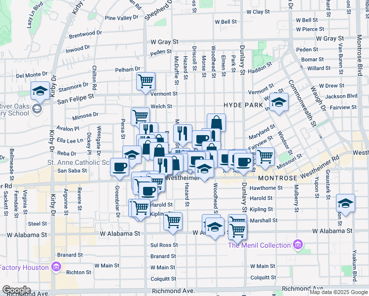 map of restaurants, bars, coffee shops, grocery stores, and more near 1976 Fairview Street in Houston