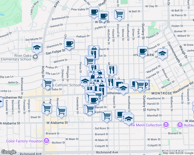 map of restaurants, bars, coffee shops, grocery stores, and more near 2359 South Shepherd Drive in Houston