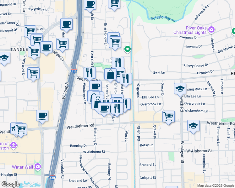 map of restaurants, bars, coffee shops, grocery stores, and more near 2182 Briarglen Drive in Houston
