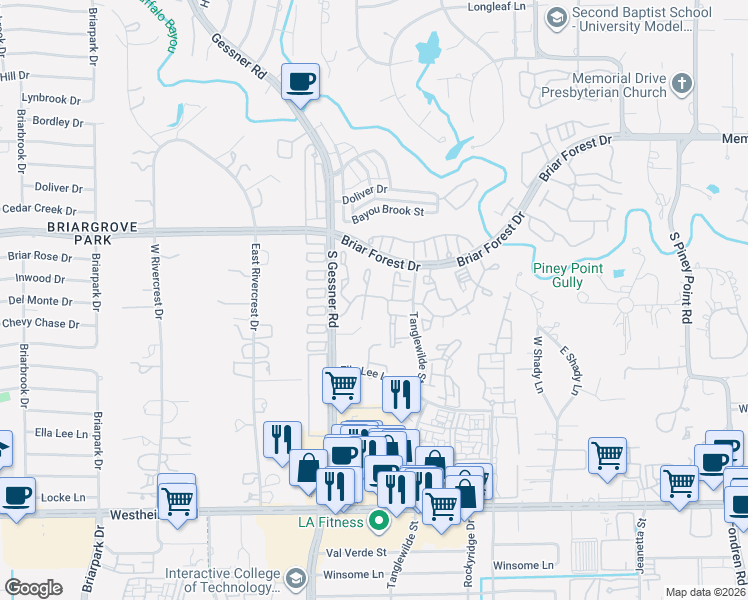 map of restaurants, bars, coffee shops, grocery stores, and more near 2100 Tanglewilde Street in Houston