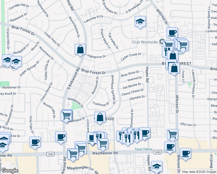 map of restaurants, bars, coffee shops, grocery stores, and more near 2014-2018 Woodland Springs Street in Houston