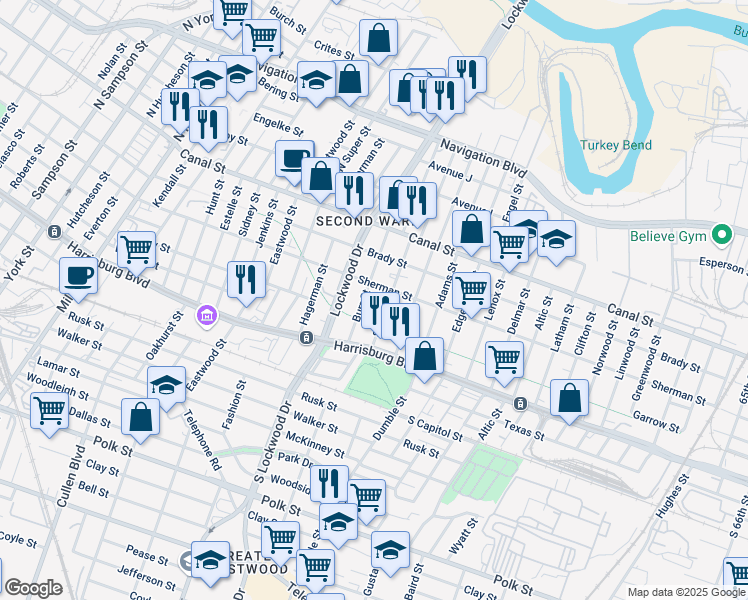 map of restaurants, bars, coffee shops, grocery stores, and more near 209 Burr Street in Houston