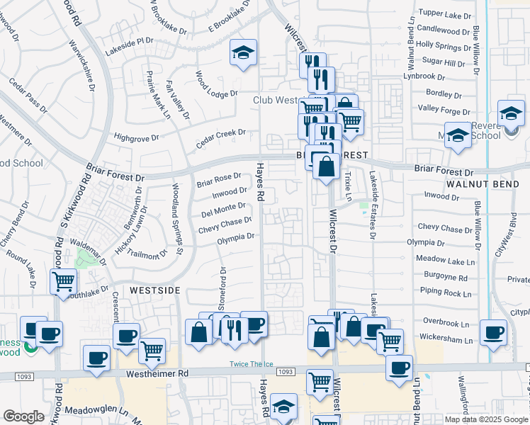 map of restaurants, bars, coffee shops, grocery stores, and more near 1 Hayes Road in Houston