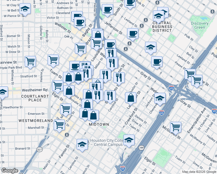 map of restaurants, bars, coffee shops, grocery stores, and more near Fannin Street in Houston
