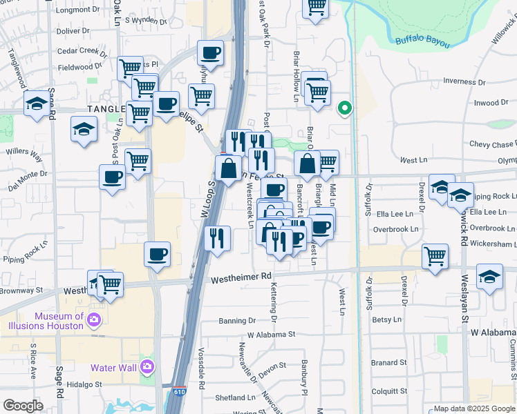 map of restaurants, bars, coffee shops, grocery stores, and more near 2041 Westheimer Road in Houston