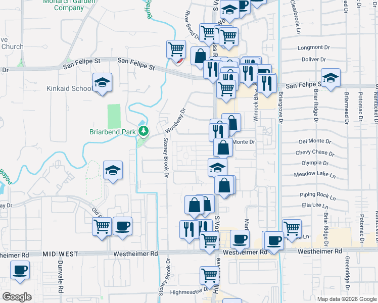 map of restaurants, bars, coffee shops, grocery stores, and more near 7619 Del Monte Drive in Houston
