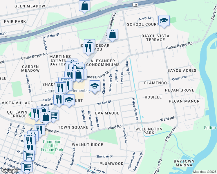 map of restaurants, bars, coffee shops, grocery stores, and more near 2200 Belvedere Drive in Baytown