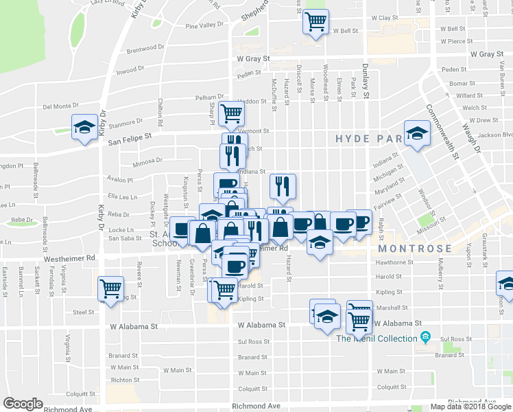 map of restaurants, bars, coffee shops, grocery stores, and more near 2314 Brun Street in Houston