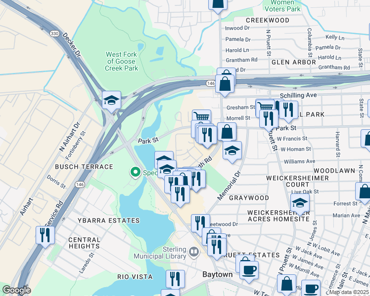 map of restaurants, bars, coffee shops, grocery stores, and more near 1601 Garth Road in Baytown