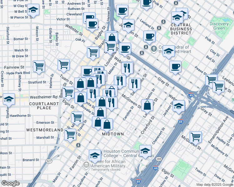 map of restaurants, bars, coffee shops, grocery stores, and more near in Houston