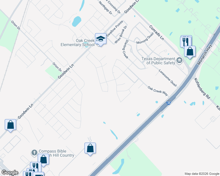 map of restaurants, bars, coffee shops, grocery stores, and more near 264 Escarpment Oak in New Braunfels