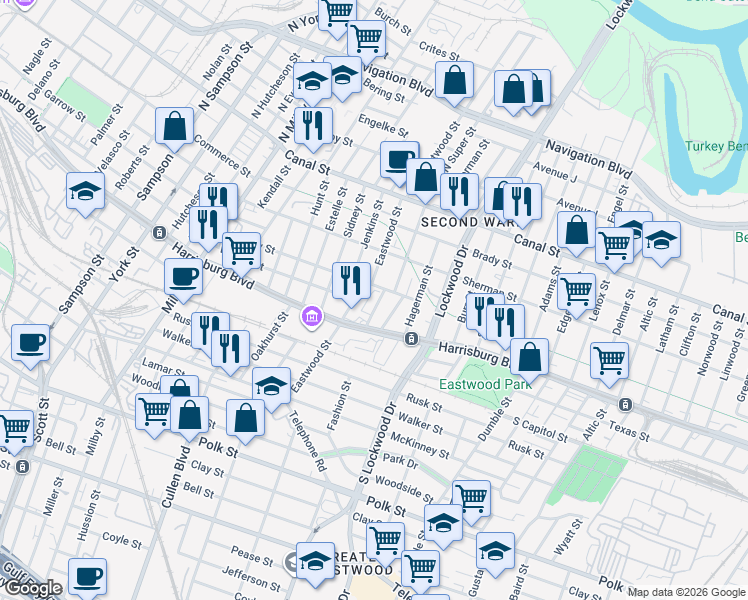 map of restaurants, bars, coffee shops, grocery stores, and more near 311 Super Street in Houston