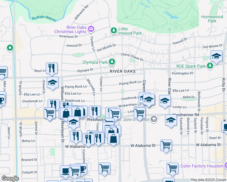 map of restaurants, bars, coffee shops, grocery stores, and more near 3632 Ella Lee Lane in Houston