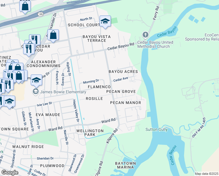 map of restaurants, bars, coffee shops, grocery stores, and more near 2107 Kilgore Road in Baytown