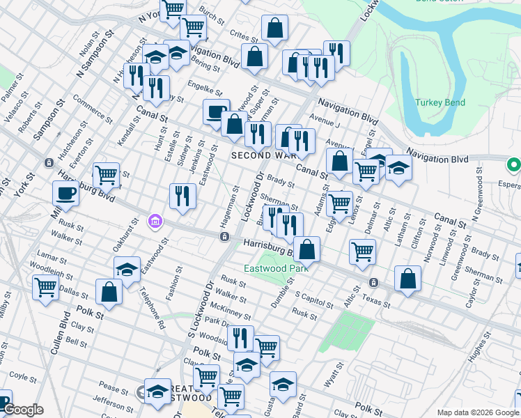 map of restaurants, bars, coffee shops, grocery stores, and more near 209 Burr Street in Houston