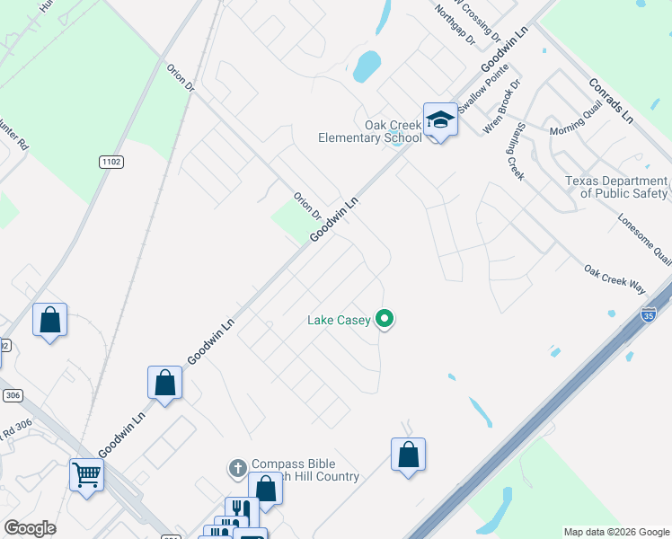 map of restaurants, bars, coffee shops, grocery stores, and more near 381 Orion Drive in New Braunfels