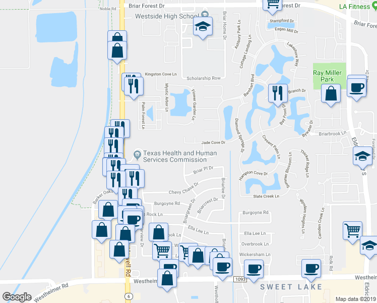 map of restaurants, bars, coffee shops, grocery stores, and more near 14103 Briarsage Court in Houston