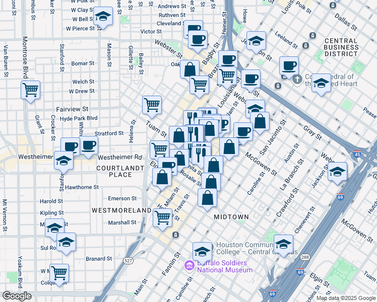 map of restaurants, bars, coffee shops, grocery stores, and more near 2901 Louisiana Street in Houston