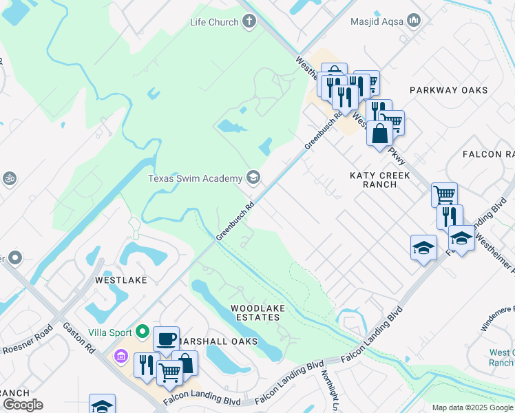 map of restaurants, bars, coffee shops, grocery stores, and more near 3531-3599 Greenbusch Road in Katy