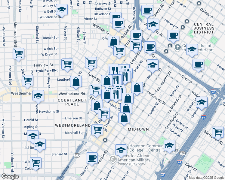 map of restaurants, bars, coffee shops, grocery stores, and more near 2901 Louisiana Street in Houston