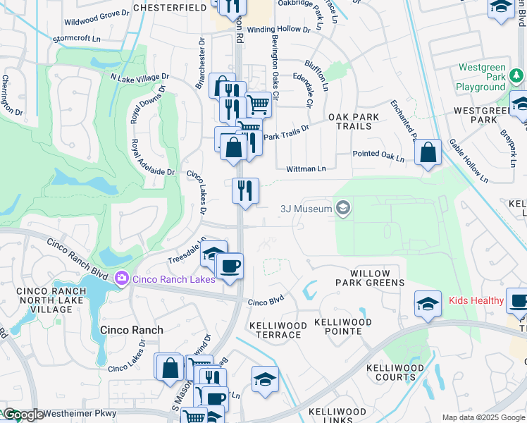 map of restaurants, bars, coffee shops, grocery stores, and more near 2495 Mason Road in Katy