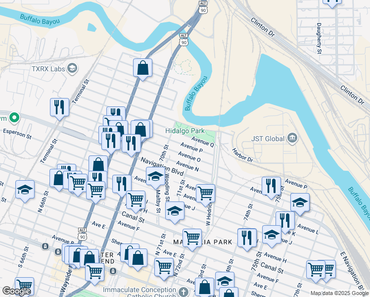 map of restaurants, bars, coffee shops, grocery stores, and more near 7022 Avenue P in Houston