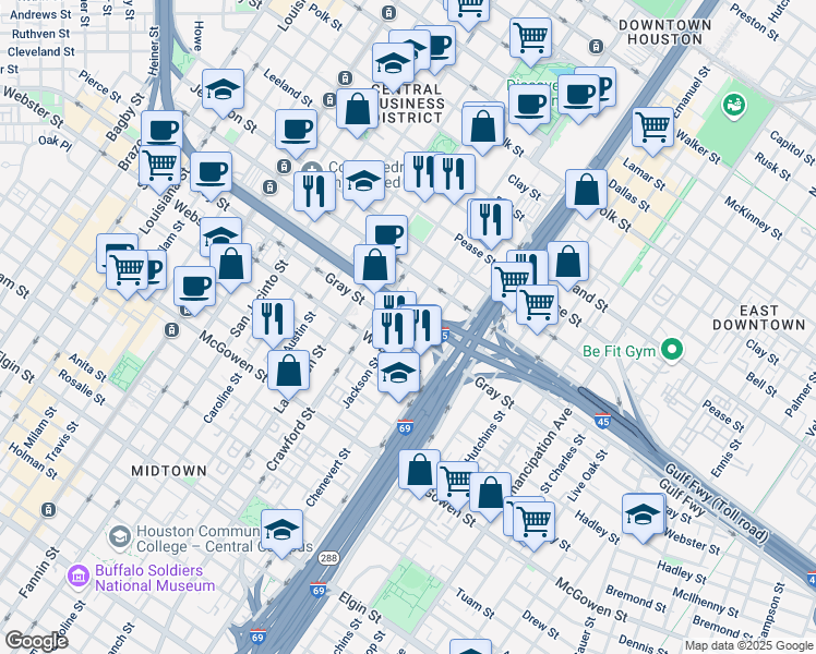 map of restaurants, bars, coffee shops, grocery stores, and more near 2105 Jackson Street in Houston