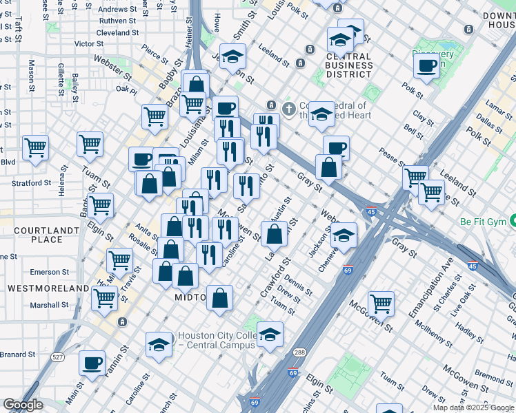 map of restaurants, bars, coffee shops, grocery stores, and more near 2323 San Jacinto Street in Houston