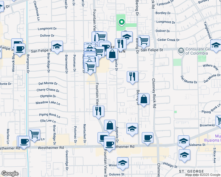 map of restaurants, bars, coffee shops, grocery stores, and more near 2174 Augusta Drive in Houston