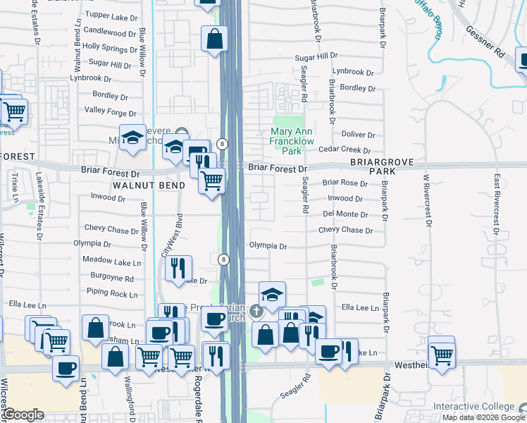 map of restaurants, bars, coffee shops, grocery stores, and more near 1687 West Sam Houston Parkway South in Houston