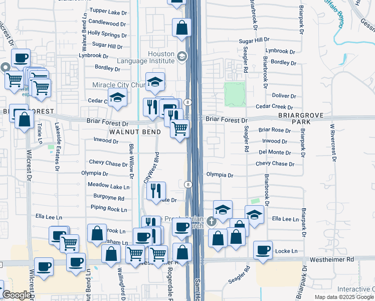 map of restaurants, bars, coffee shops, grocery stores, and more near 2000 West Sam Houston Parkway South in Houston