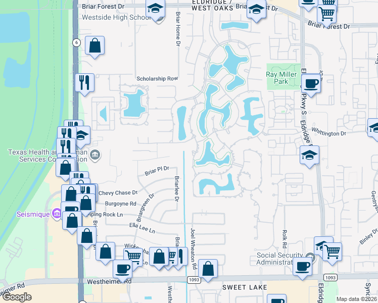 map of restaurants, bars, coffee shops, grocery stores, and more near 14119 Jade Cove Drive in Houston