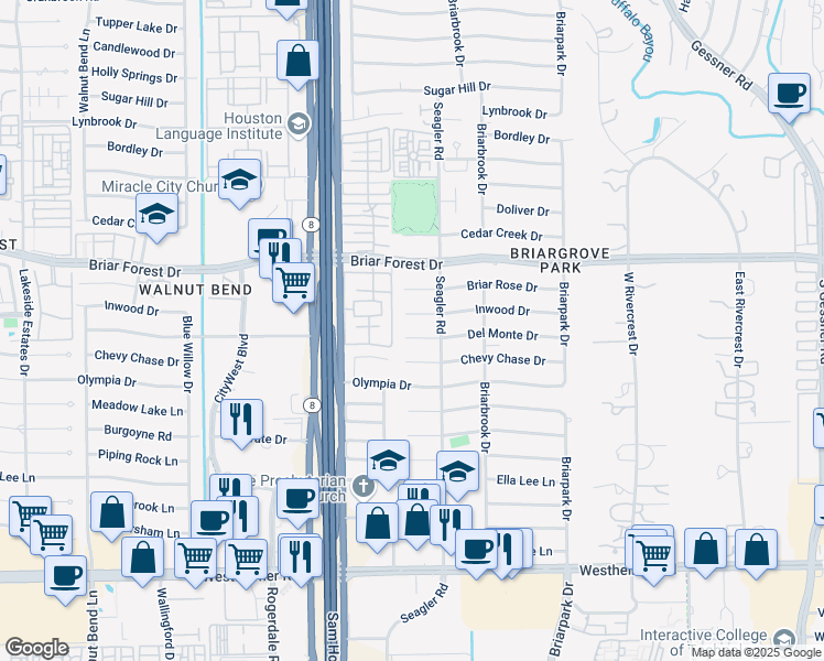 map of restaurants, bars, coffee shops, grocery stores, and more near 10218 Del Monte Dr in Houston