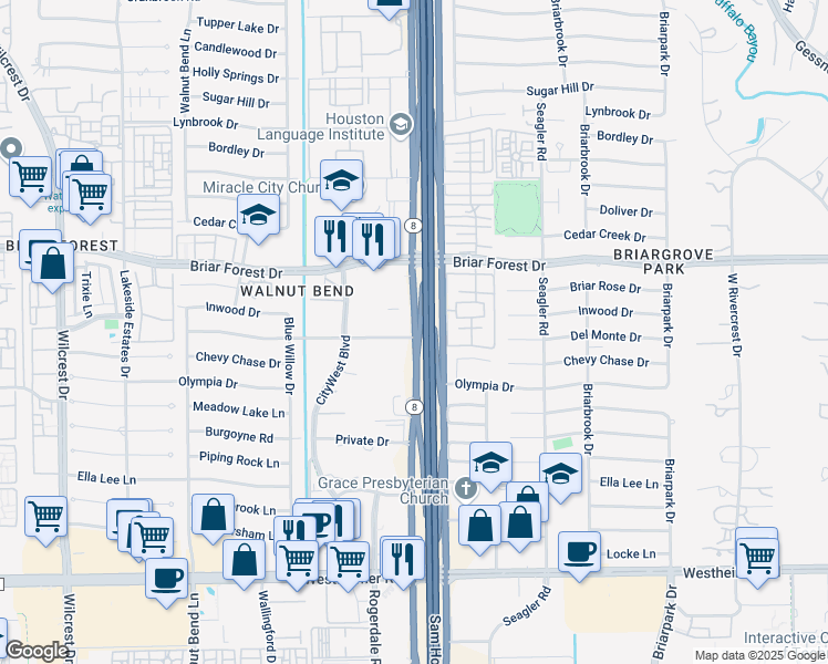 map of restaurants, bars, coffee shops, grocery stores, and more near 2000 South Sam Houston Parkway West in Houston