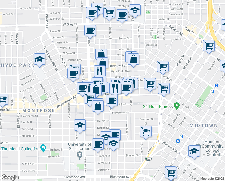 map of restaurants, bars, coffee shops, grocery stores, and more near 600 Avondale Street in Houston