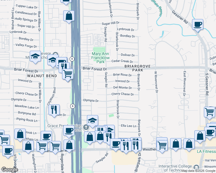 map of restaurants, bars, coffee shops, grocery stores, and more near 10122 Del Monte Drive in Houston